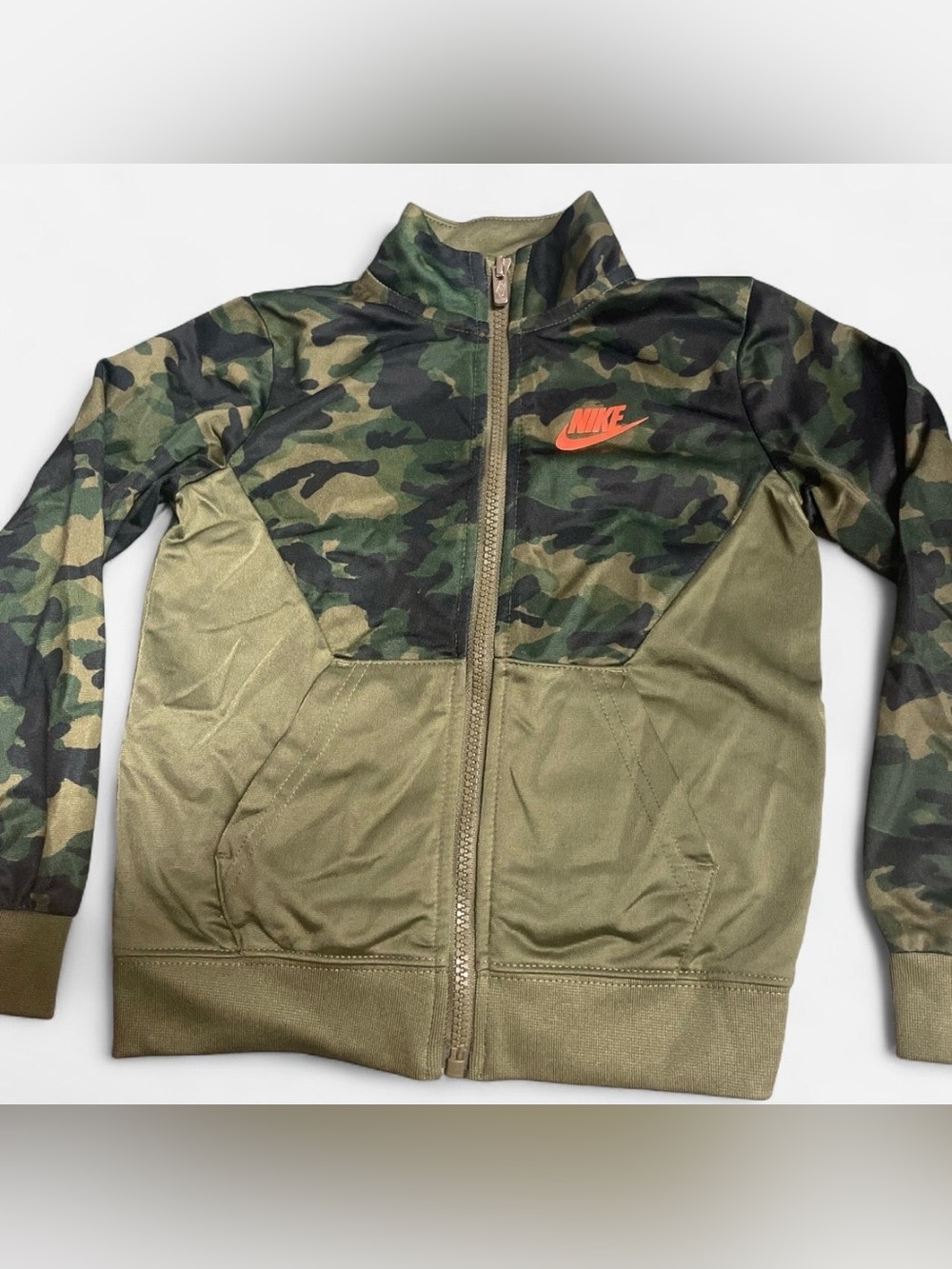 Nike Kids Olive Green Camo Zip-Up Jacket with Orange Logo